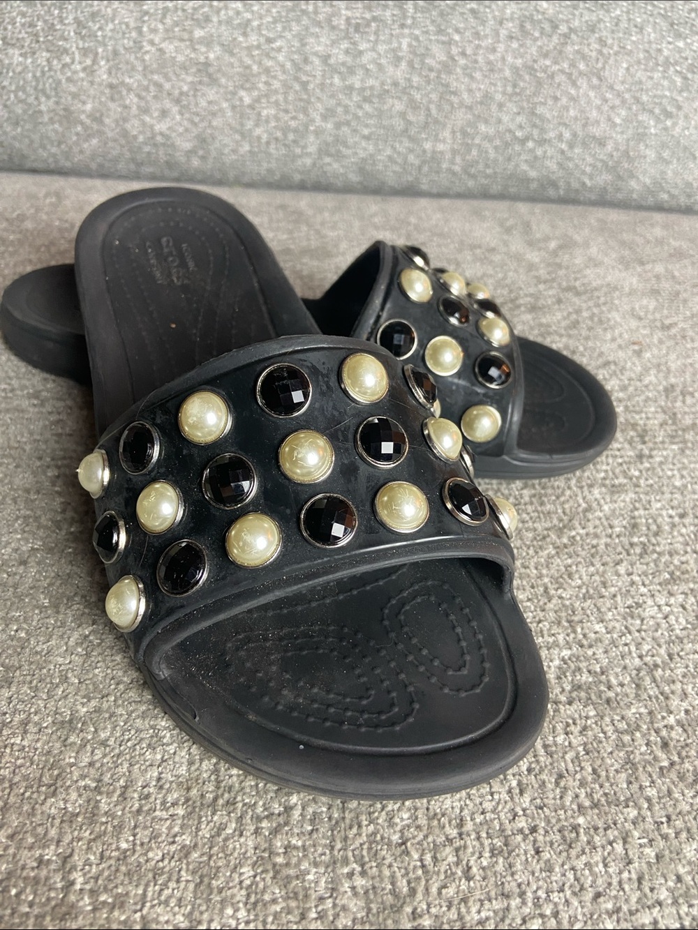 CROCS Black Slide Sandals with Pearl & Black Gem Studs